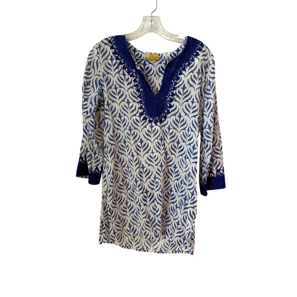 Roller Rabbit Tunic Embroidered Neckline Blue Top Size Smal